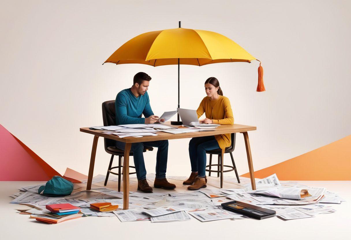 A split image depicting two contrasting scenarios: on the left, a joyful family enjoying outdoor activities, symbolizing life's adventures, and on the right, a worried individual surrounded by bills and paperwork, illustrating the concept of liability. Incorporate visual elements like insurance documents and a safety umbrella above the liability side. The colors should be bright and inviting on the life side, transitioning to muted tones on the liability side for dramatic effect. vector art. vibrant colors. white background.