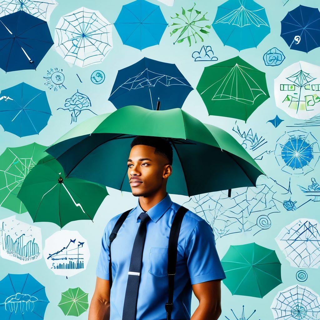 A dynamic collage illustrating diverse insurance scenarios, featuring a professional confidently analyzing charts and policies. In the background, include symbols of protection like umbrellas and shields, paired with fluctuating graphs showing rates. Use a color palette of blues and greens to evoke trust and stability, with an engaging, modern design. super-realistic. vibrant colors. 3D.