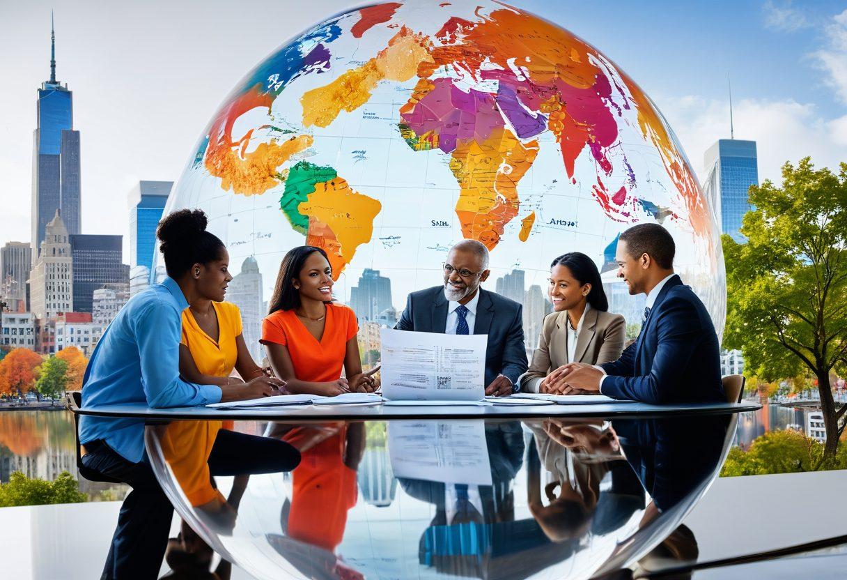A diverse group of people gathered around a large, transparent globe, each holding policy documents while discussing insurance options. In the background, a vibrant city skyline symbolizes opportunity and choice, with various symbols representing different types of insurance (like homes, cars, and health). Emphasize collaboration and accessibility in their expressions. Bright and engaging colors to signify hope and security. super-realistic. vibrant colors. white background.